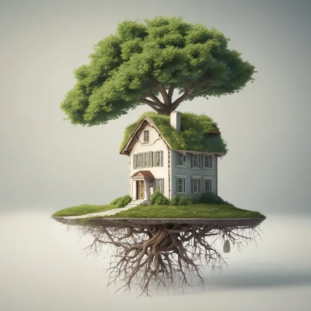 Image of a tree with roots representing mortgage principal and a house growing from its base