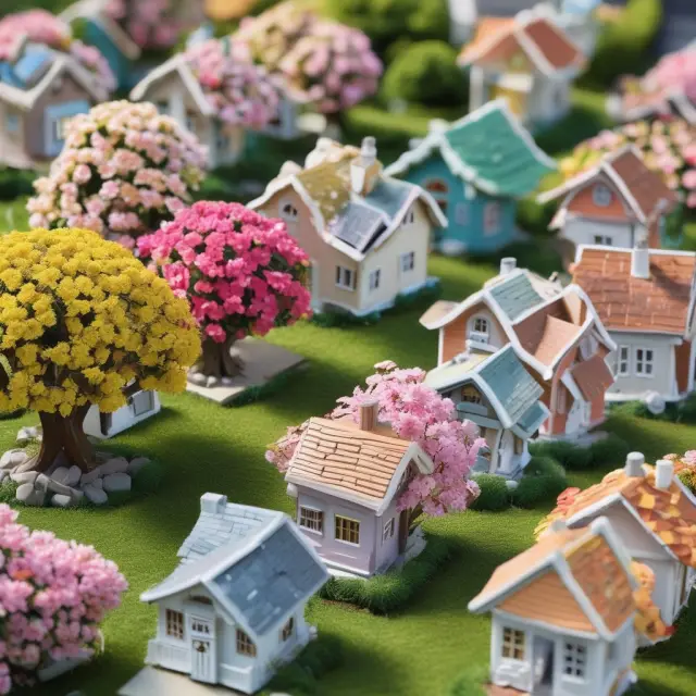 A vibrant housing market scene with conventional loans, FHA loans, and specialty loans symbolized by different colored flowers growing on trees