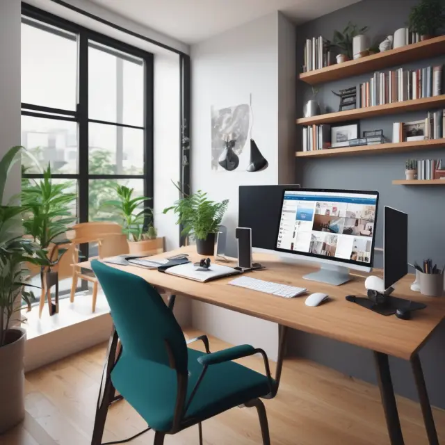 A clutter-free, ergonomic home office featuring a laptop, reliable high-speed internet, and an active Zoom meeting