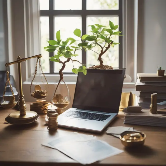 A home office scene featuring a tree producing golden coins, hourglass symbolizing savings in time, and tax deduction scale.