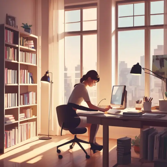Person setting up an organized workspace, surrounded by natural light to enhance focus and productivity