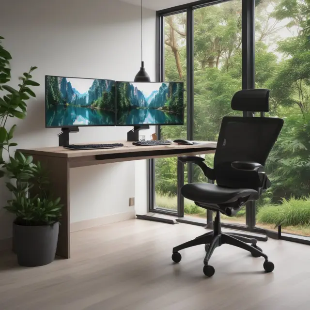 An image depicting an ergonomic home office setup featuring a comfortable adjustable chair, an adjustable keyboard, and proper monitor placement with adequate lighting.