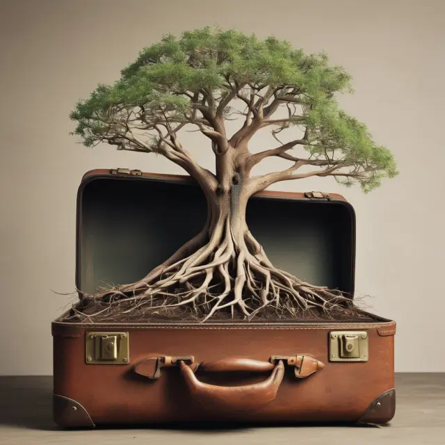 A large suitcase with roots extending downwards, representing a home as one