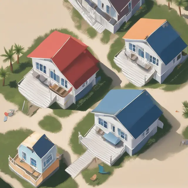 A person holds a key, an umbrella, and a rent check as three homes symbolize vacation home, investment property, and primary residence.