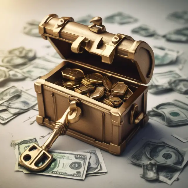 Golden key unlocks treasure chest, representing mortgage interest deductions and property tax write-offs for primary homeowners
