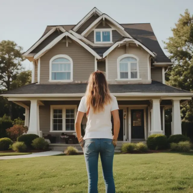 A homeowner standing in front of their house with a key and a book of strategies, surrounded by golden coins representing equity and opportunities