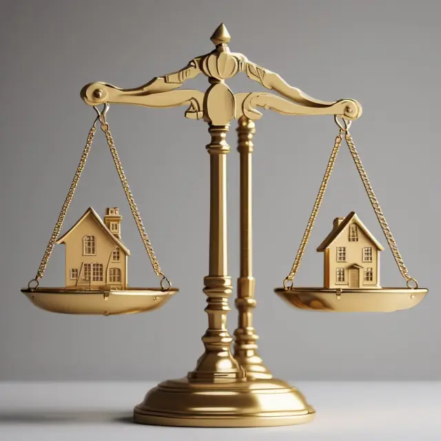 Golden house representing home equity on one side of the scale; a diverse stock portfolio with stocks, bonds, and mutual funds on the other side, balancing each other out