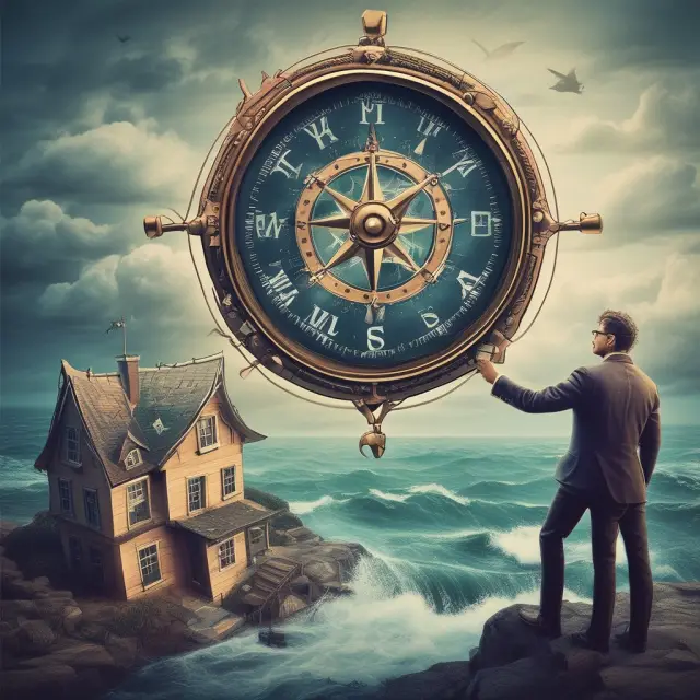 Investor sailing on a compass chart, using market trends and economic factors to steer a home equity ship through calm and stormy waters while implementing risk management strategies as anchors.