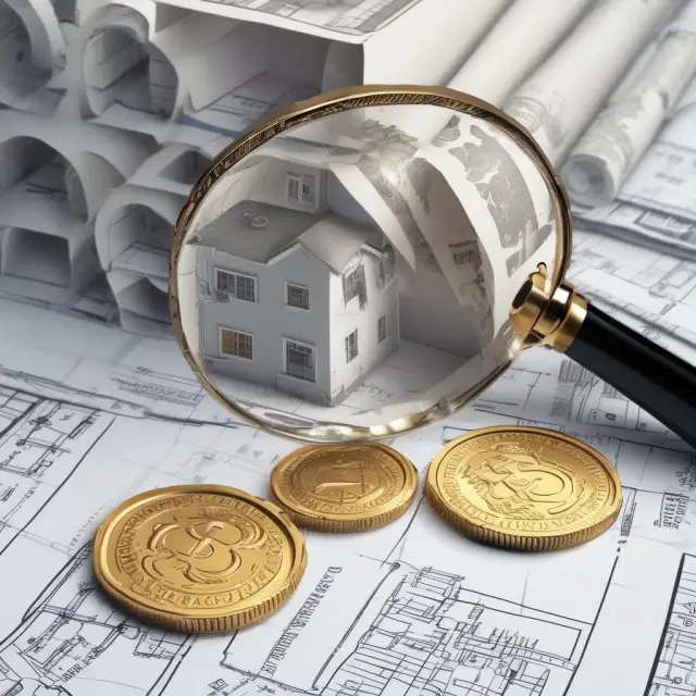 Magnifying glass scrutinizes house blueprint with gold coins illustrating home equity for investment purposes