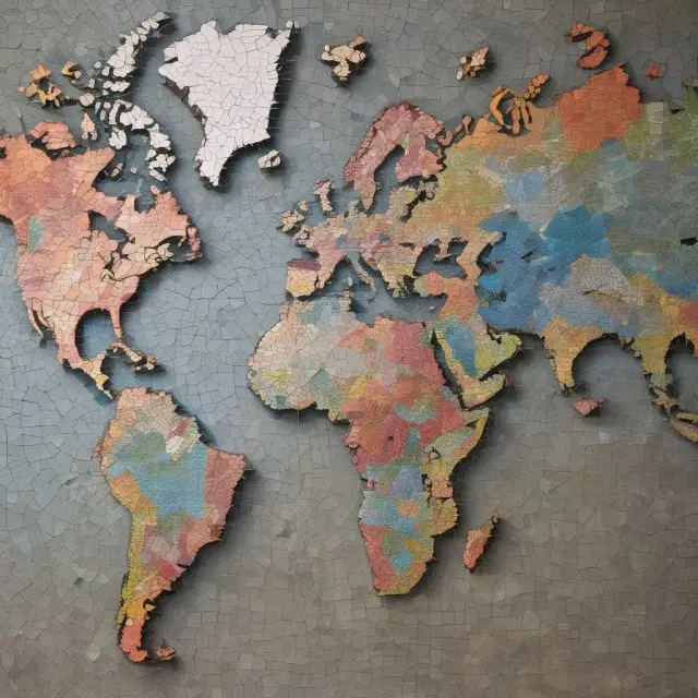 A mosaic world map with interconnected pieces, representing the influence of globalization on reducing home bias in investing