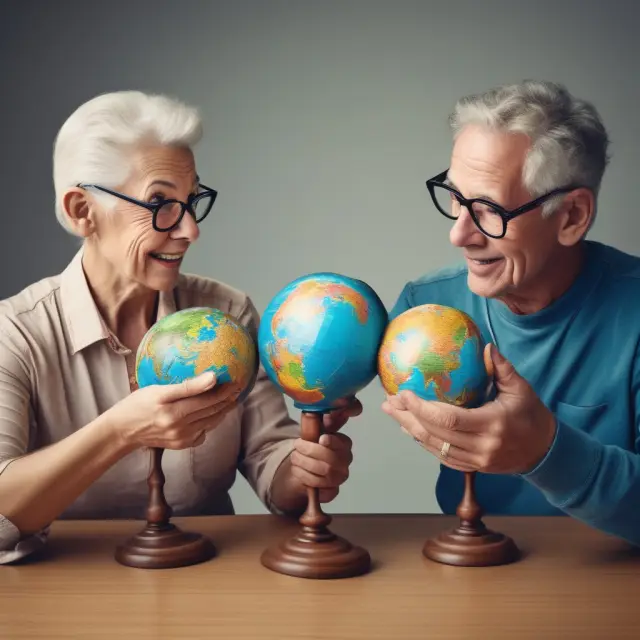 A baby boomer and a millennial each holding one half of a globe, representing their respective investment portfolios: domestic for the baby boomer and international for the millennial.