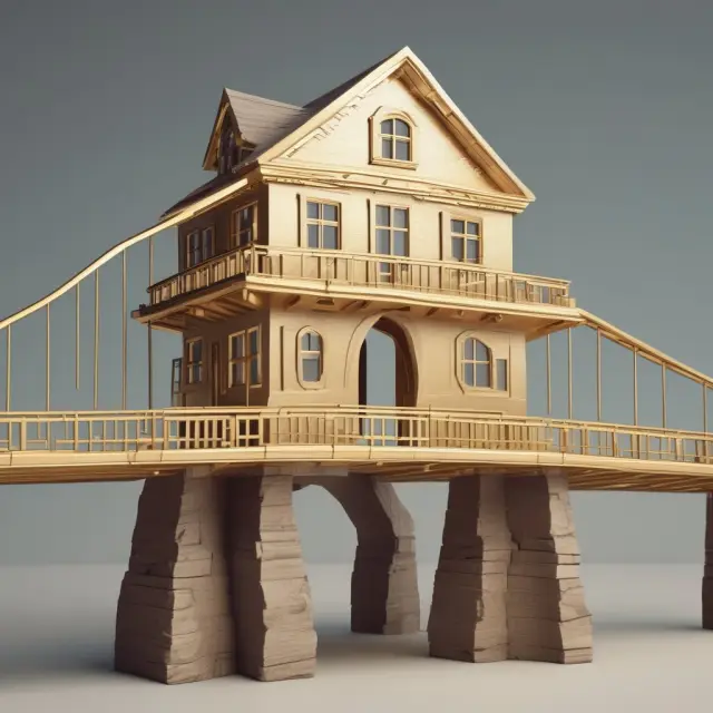 A golden bridge symbolizing the advantages of home equity loans, with a house foundation supporting it, and lower interest rates and tax benefits flowing beneath