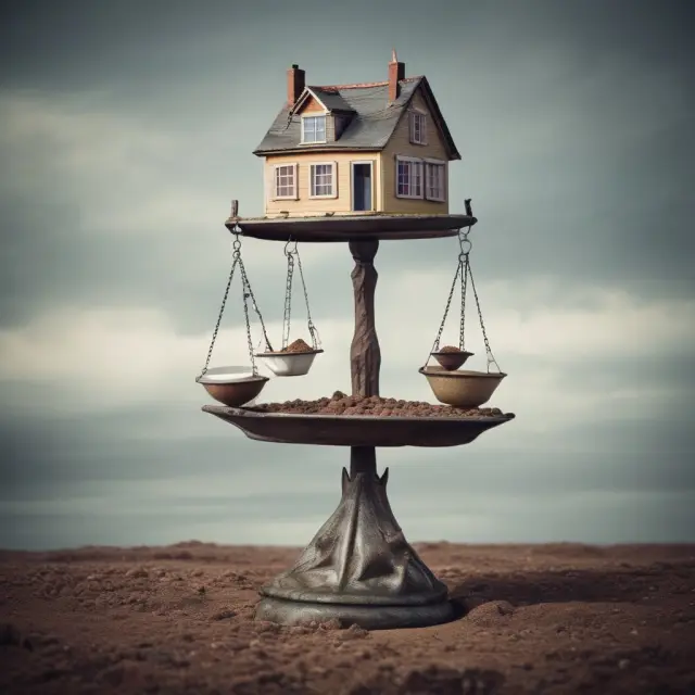 A house standing precariously on a wobbly foundation, with scales tipped towards 