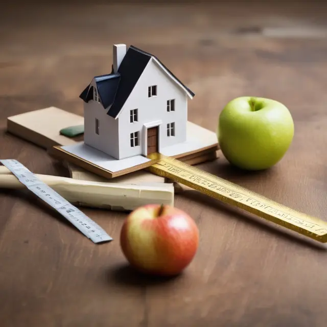 Golden ruler symbolizing a home equity loan, balanced atop a table with a house and an apple indicating property value.