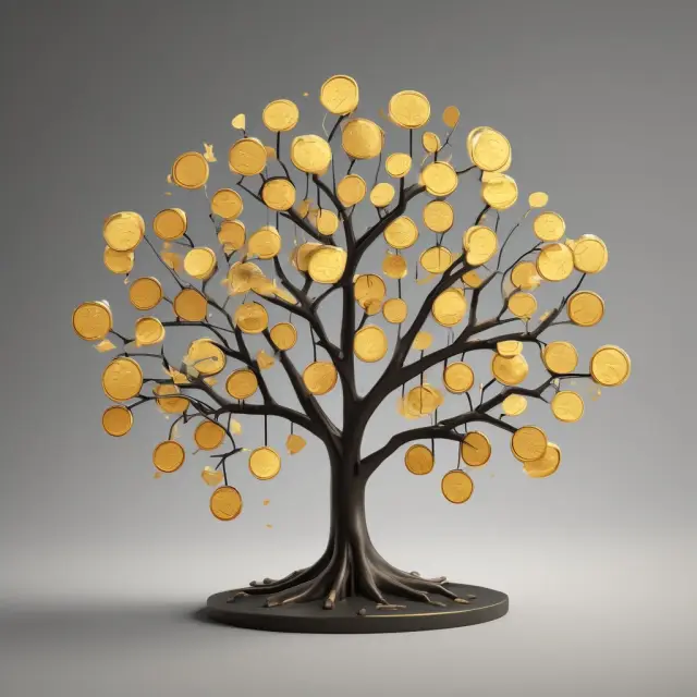 A sturdy tree laden with gold coins, representing dependable income streams of traditional dividends.