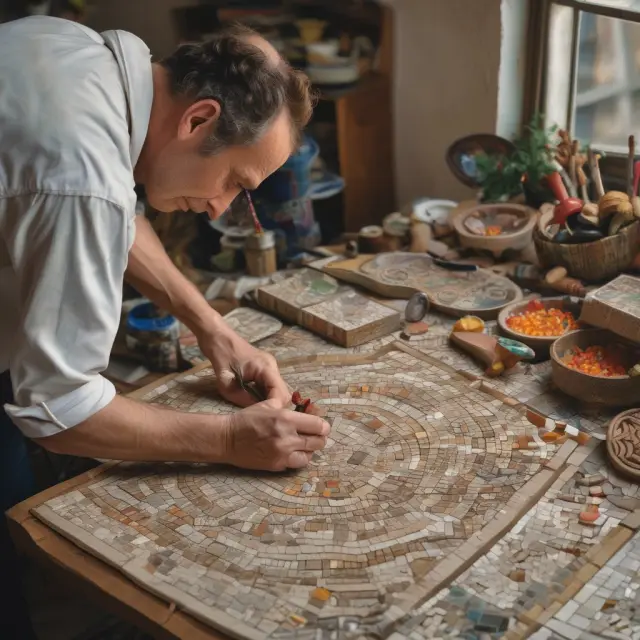 Artisan crafting mosaic tiles depicting homemade and traditional dividends