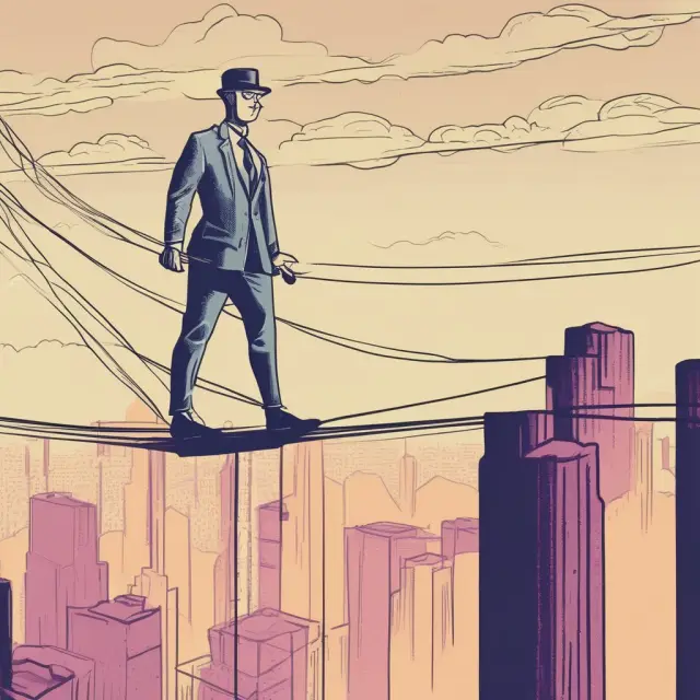 An investor on a tightrope balances their personal finances between the challenges of tax implications, market inefficiencies, and personal risk.