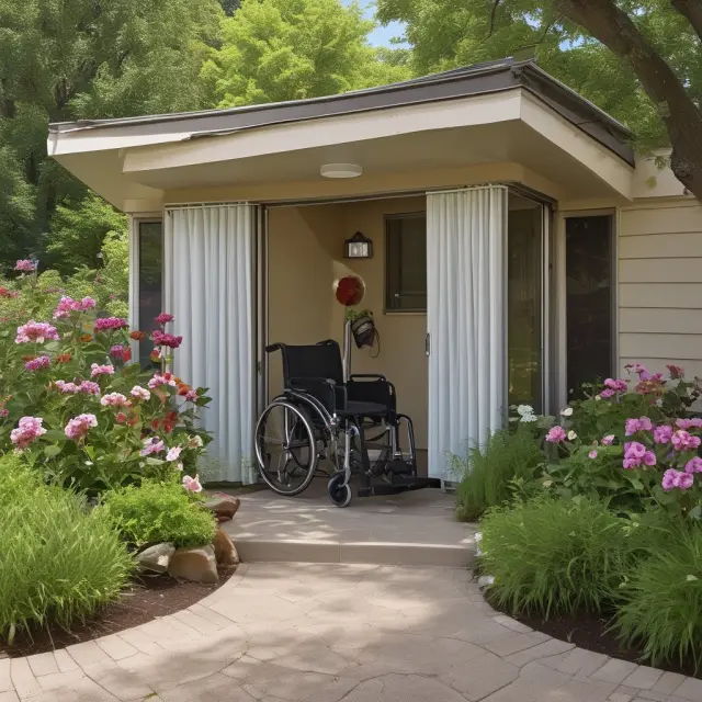 Home modifications as adaptive flowers: A wheelchair ramp, roll-in shower, and grab bars growing in a garden, enhancing accessibility for individuals with disabilities