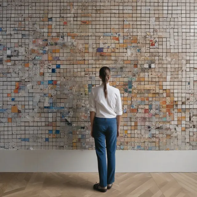 Person considering financing options for home modifications in front of a mosaic backdrop depicting various cost factors and potential sources.