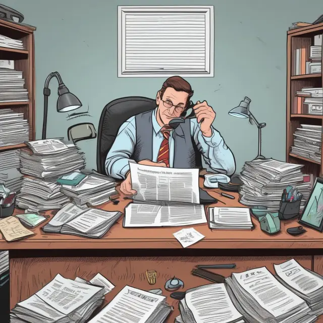A tax accountant reviewing his home office expenses at his desk, surrounded by depreciable office equipment and tax documents.