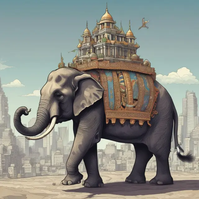 A large elephant carries a sprawling city on its back; certain regions are heavier due to varying cost of living indices affecting HOA fees.