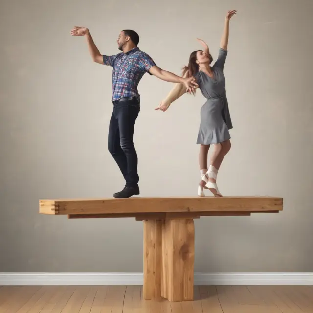 Lenders and homeowners collaborating on a balance beam, representing the benefits and responsibilities brought about by the Homeowners Protection Act