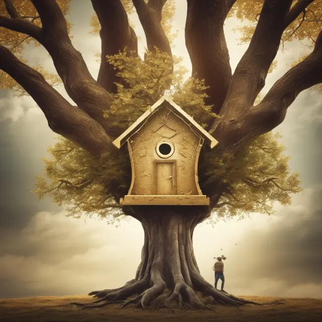 Golden homestead shield protecting a tree with a family inside, symbolizing security against creditors and bankruptcy