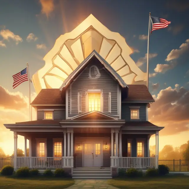 Golden sun rises over shielded house, symbolizing peace of mind and tax savings from homestead exemptions.