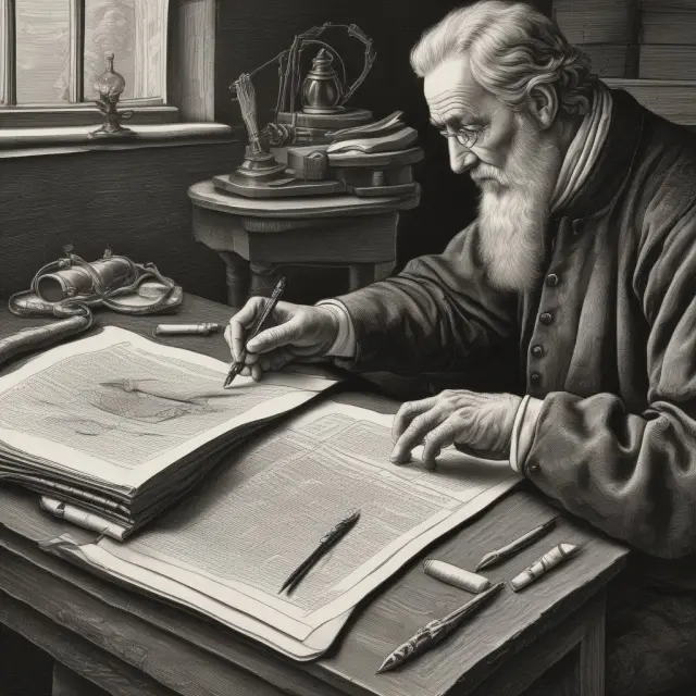 An image of John Stuart Mill writing with a quill pen, creating an abstract Homo Economicus figure, while Adam Smith