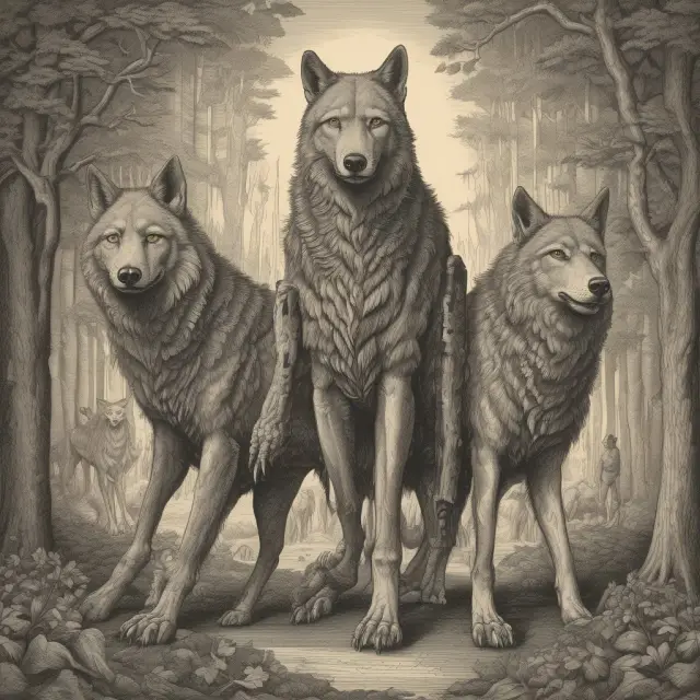 A human walks through a forest guided by three wolves symbolizing alternative decision-making models: Homo Reciprocans, Homo Politicus, and Homo Sociologicus