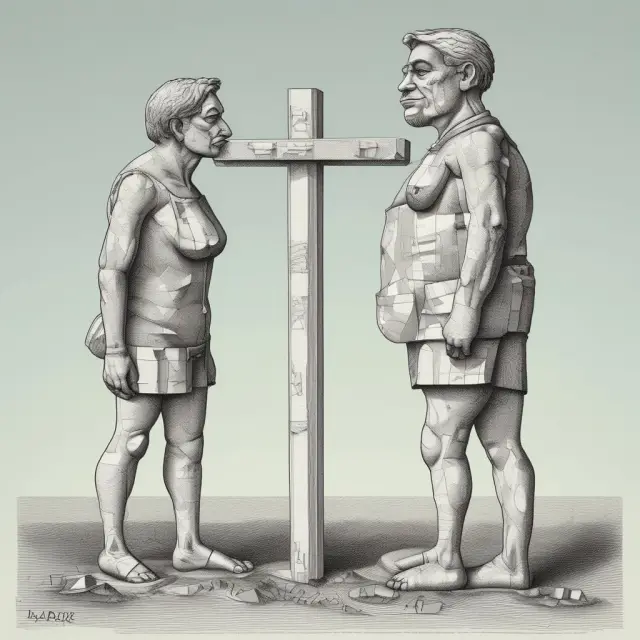 A man balancing on the edge, embodying homo economicus, weighs his rational self-interest against emotional tides