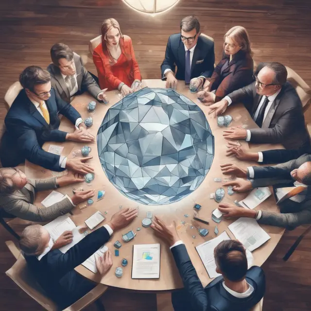 Investors collaborate around a table with individual crystal spheres, symbolizing diverse expectations, contributing to efficient portfolio construction in modern finance.