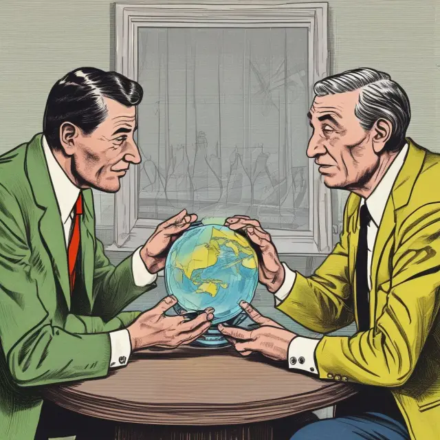 Two investors holding identical portfolios and gazing into a crystal ball, symbolizing homogeneous expectations in Modern Portfolio Theory