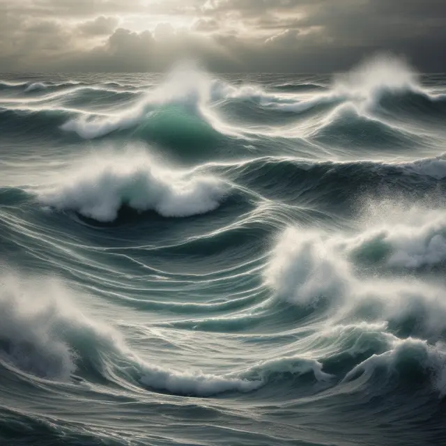 A calm sea representing homoskedastic regression analysis, contrasting stormy seas symbolizing heteroscedasticity.