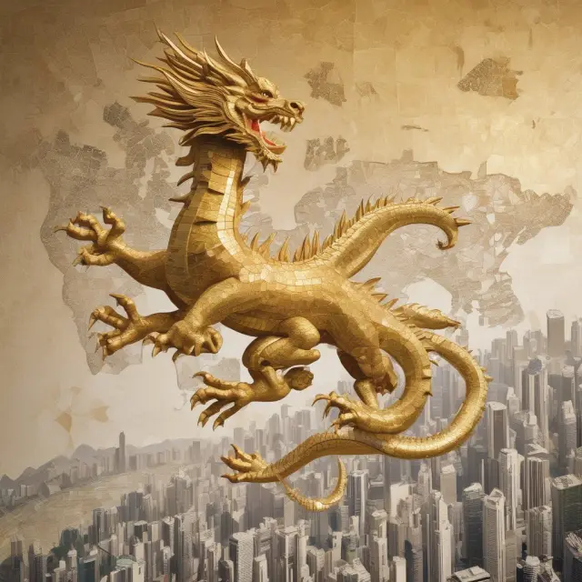 A golden dragon flying high over mosaics of the world, symbolizing HKMA