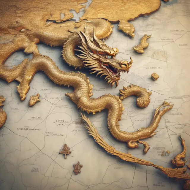 A mythical dragon safeguarding an intricate map of Asia with a golden investment portfolio, representing HKMA