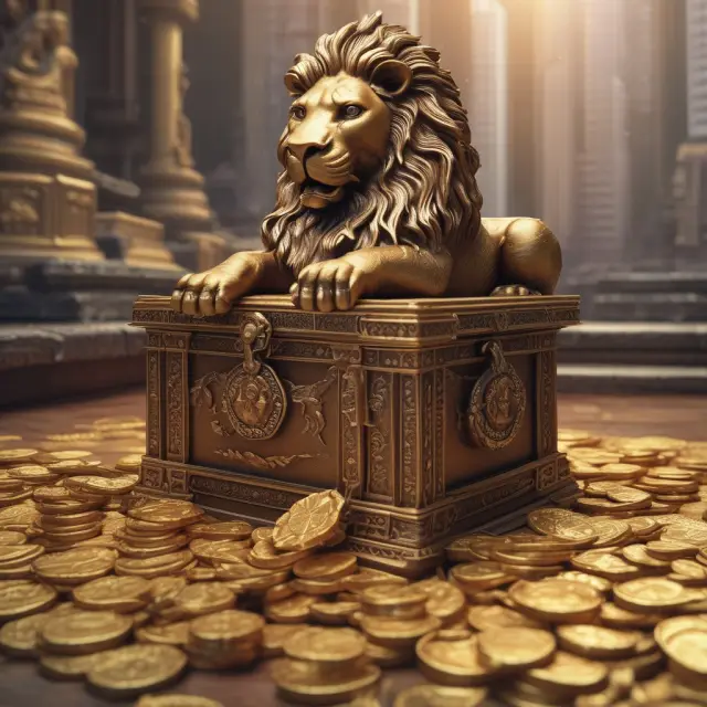 Lion guarding treasure chest with gold coins and financial charts, representing Hong Kong Monetary Authority