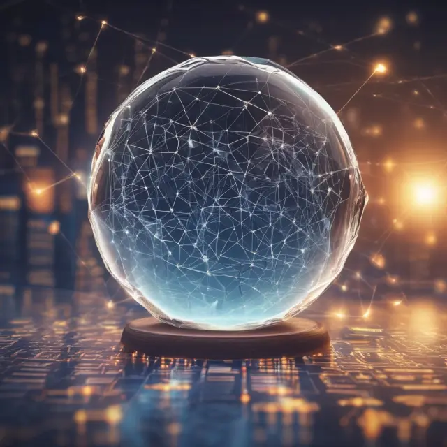 Crystal ball with economic graphs, ESG factors, and a world map, depicting the future of Hong Kong Monetary Authority