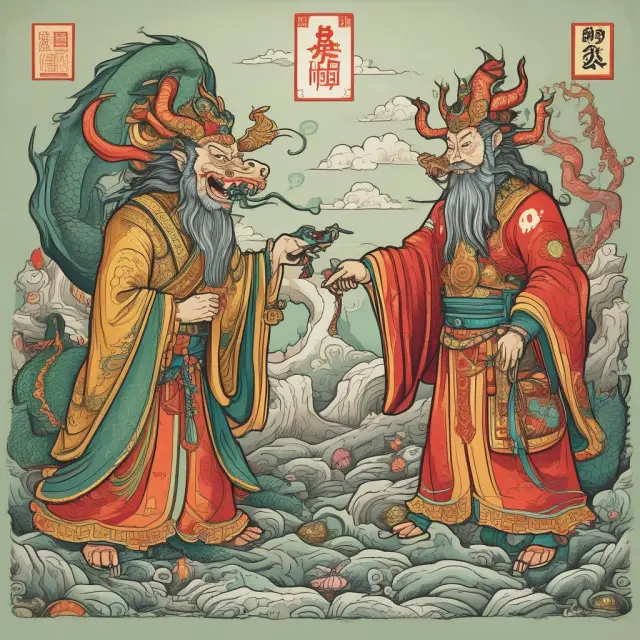 The Jade Emperor, symbolizing China, and the Dragon King, symbolizing Hong Kong, engaged in a tug-of-war, representing the complex tensions between their political and economic systems