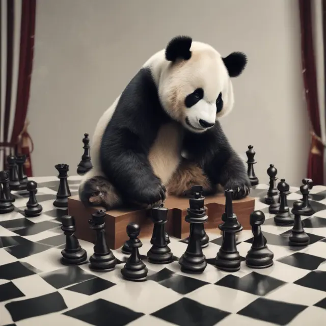 A giant panda representing China sits atop a Hong Kong chessboard, symbolizing the influence of the Liaison Office in shaping the region