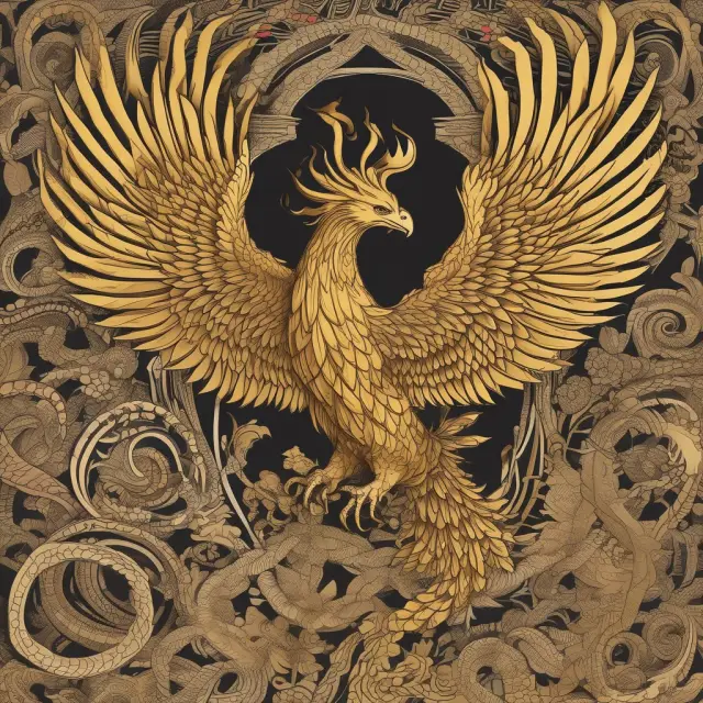 Golden phoenix balancing between two dragons, symbolizing Hong Kong
