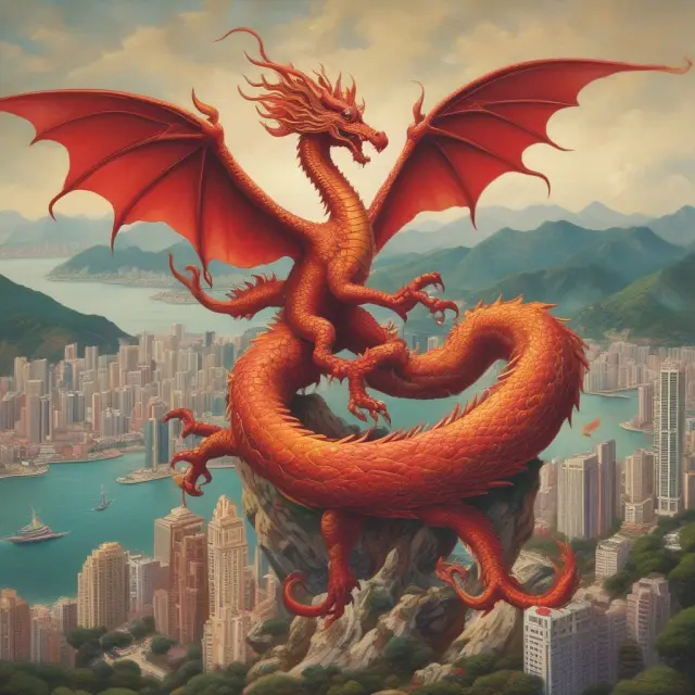 An elegant dance of a dragon and phoenix above the Hong Kong skyline, representing the delicate balance between Chinese influence and local autonomy