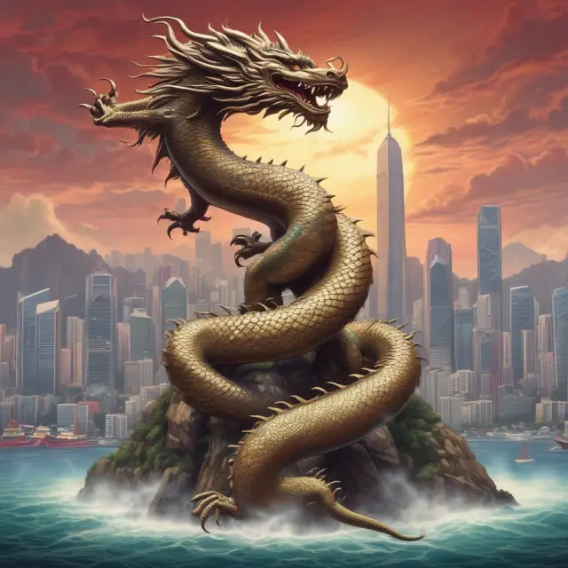 Hong Kong as a pearl on the claw of a dragon representing China, symbolizing the balance between sovereignty and autonomy.