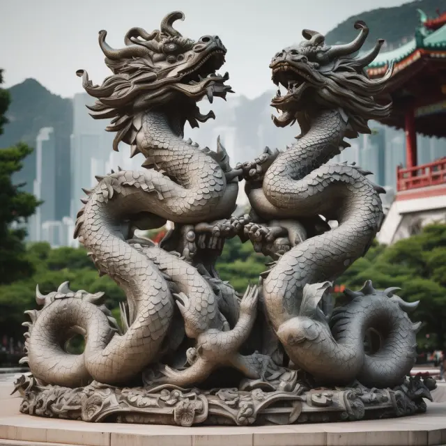 Two mythical dragons intricately connected, illustrating the relationship between China and its special administrative region, Hong Kong