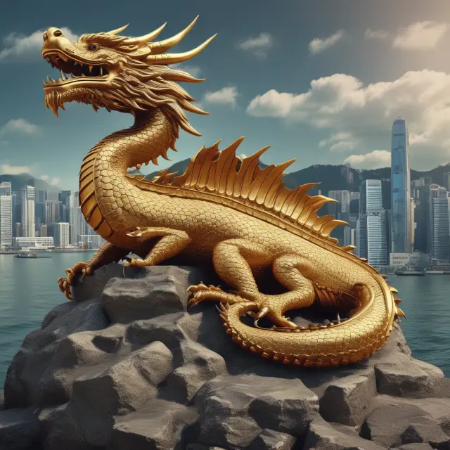 A mythical dragon safeguarding valuable stocks representing leading Hong Kong Exchange companies