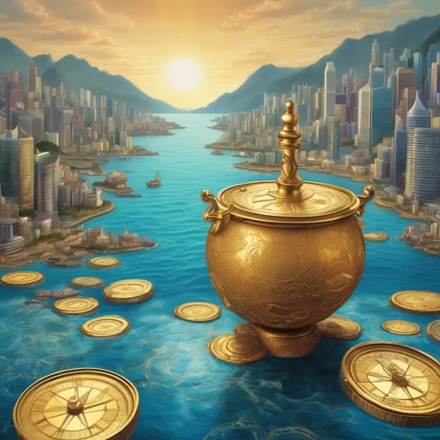 A golden compass points towards various blue-chip indices on the vibrant and expansive Hong Kong Stock Exchange.