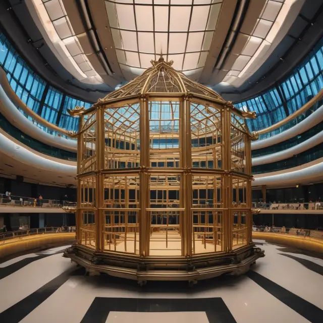 A golden cage encircles the bustling stock exchange, ensuring transparency and investor protection for listed companies.
