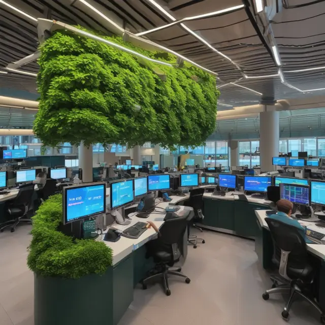 A vibrant garden with green bonds as blossoms, fintech as roots, and a sustainable stock exchange as its backdrop
