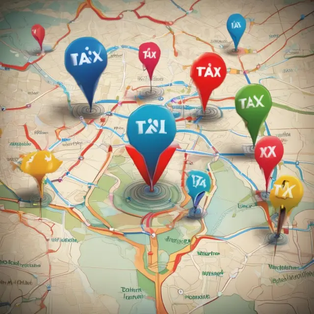 A speaker represented as a pin on a world map, with three additional pins representing nexus and tax obligations in New York, Massachusetts, and California