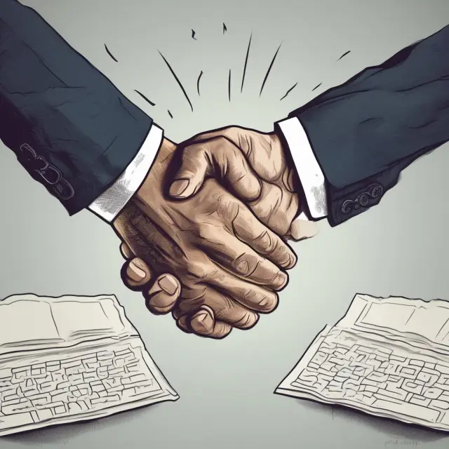 A professional scene depicting two individuals discussing honorarium terms at a well-set negotiation table